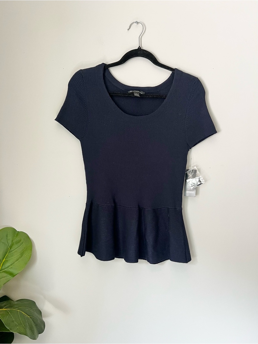NWT- INC International Concepts Navy Ribbed Short Sleeve Peplum Top